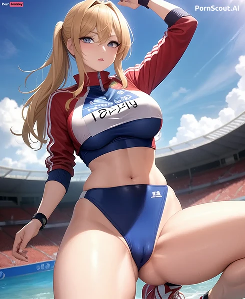 Adorable sexy blonde athlete poses in front of the camera on the running track